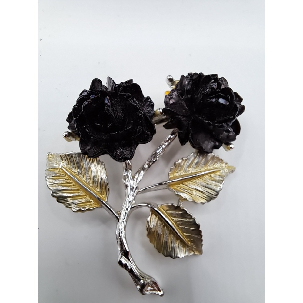 Vintage Gerry's Two-Tone Black Flower Double Stemmed Brooch/Pin